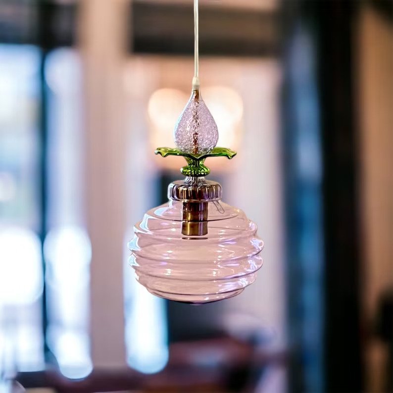 Handblown Pink Glass Pendant Light - Unique Floral-Inspired Hanging Lamp for Home Decor and Ambiance Lighting | Les Trois Pyramides