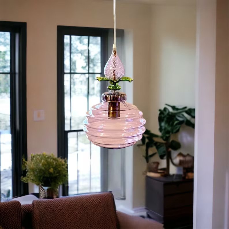 Handblown Pink Glass Pendant Light - Unique Floral-Inspired Hanging Lamp for Home Decor and Ambiance Lighting | Les Trois Pyramides