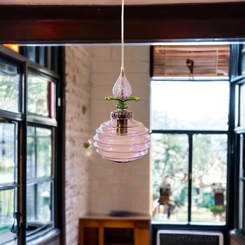 Handblown Pink Glass Pendant Light - Unique Floral-Inspired Hanging Lamp for Home Decor and Ambiance Lighting | Les Trois Pyramides