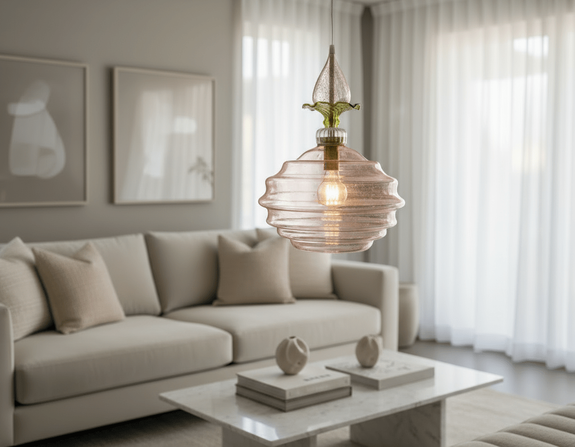 Handblown Pink Glass Pendant Light - Floral-Inspired Hanging Lamp for Kitchen, Bedroom, or Living Room Home Decor