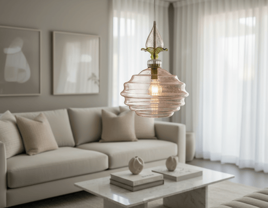 Handblown Pink Glass Pendant Light - Floral-Inspired Hanging Lamp for Kitchen, Bedroom, or Living Room Home Decor