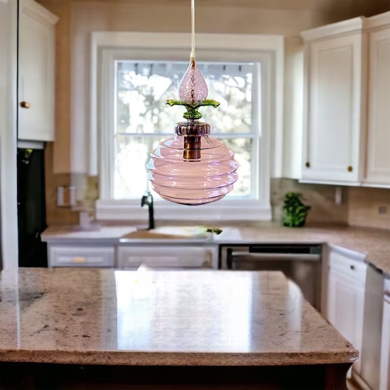 Handblown Pink Glass Pendant Light - Unique Floral-Inspired Hanging Lamp for Home Decor and Ambiance Lighting | Les Trois Pyramides