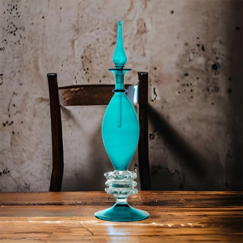 Handblown Teal Perfume Bottle - Elegant Decorative Art Glass with Clear Embellished Base | Les Trois Pyramides 