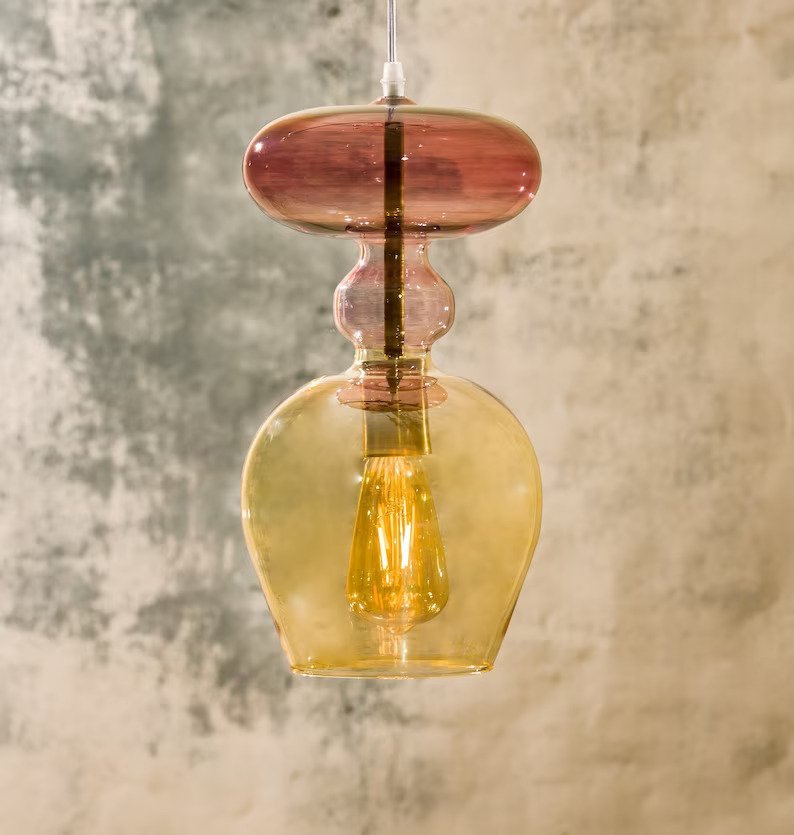  Handcrafted Amber and Rose Glass Pendant Light – Unique Retro-Inspired Ceiling Fixture for Home Lighting | Les Trois Pyramides