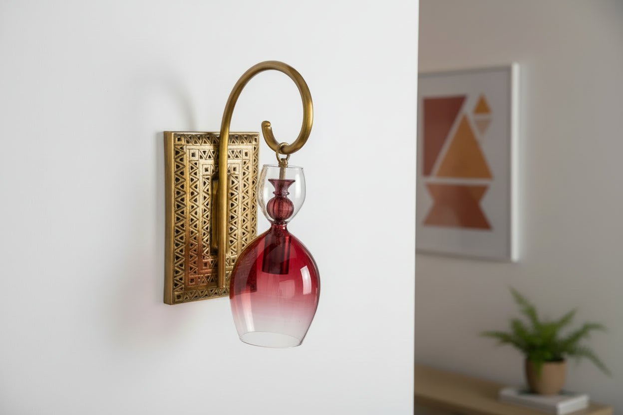 Handcrafted Brass Wall Sconce – Red Blown Glass Wall Light for Hallway