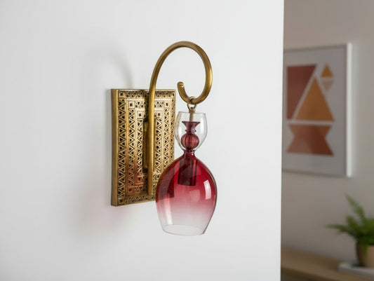 Handcrafted Brass Wall Sconce – Red Blown Glass Wall Light for Hallway