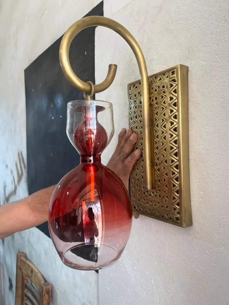 Handcrafted Brass Wall Sconce – Red Blown Glass Wall Light for Hallway | Les trois pyramides