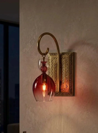 Handcrafted Brass Wall Sconce – Red Blown Glass Wall Light for Hallway | Les trois pyramides