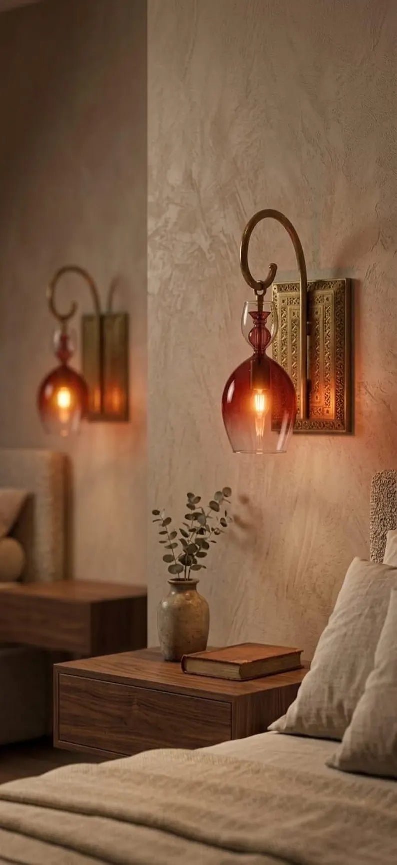 Handcrafted Brass Wall Sconce – Red Blown Glass Wall Light for Hallway | Les trois pyramides
