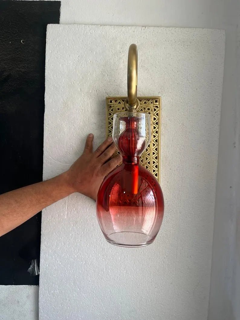 Handcrafted Brass Wall Sconce – Red Blown Glass Wall Light for Hallway | Les trois pyramides