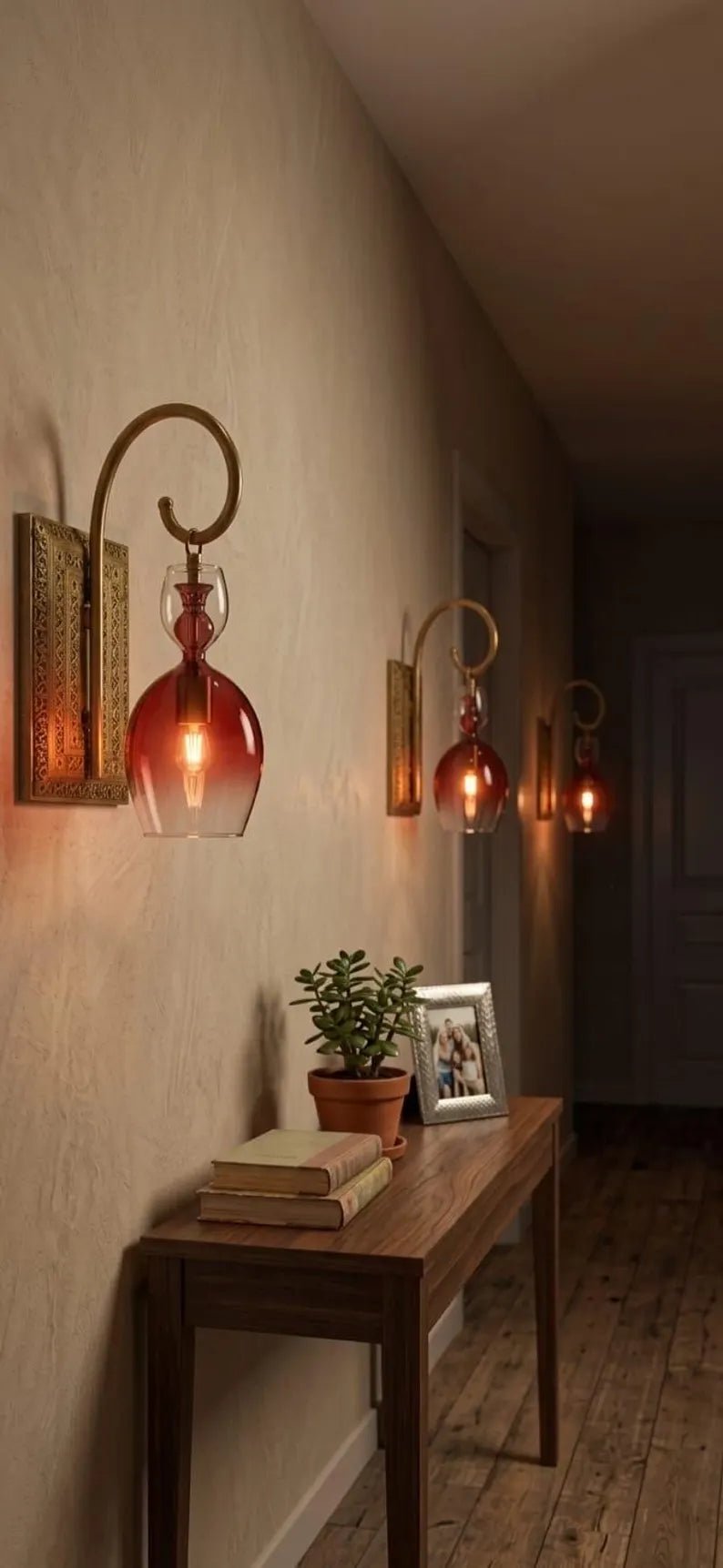 Handcrafted Brass Wall Sconce – Red Blown Glass Wall Light for Hallway | Les trois pyramides