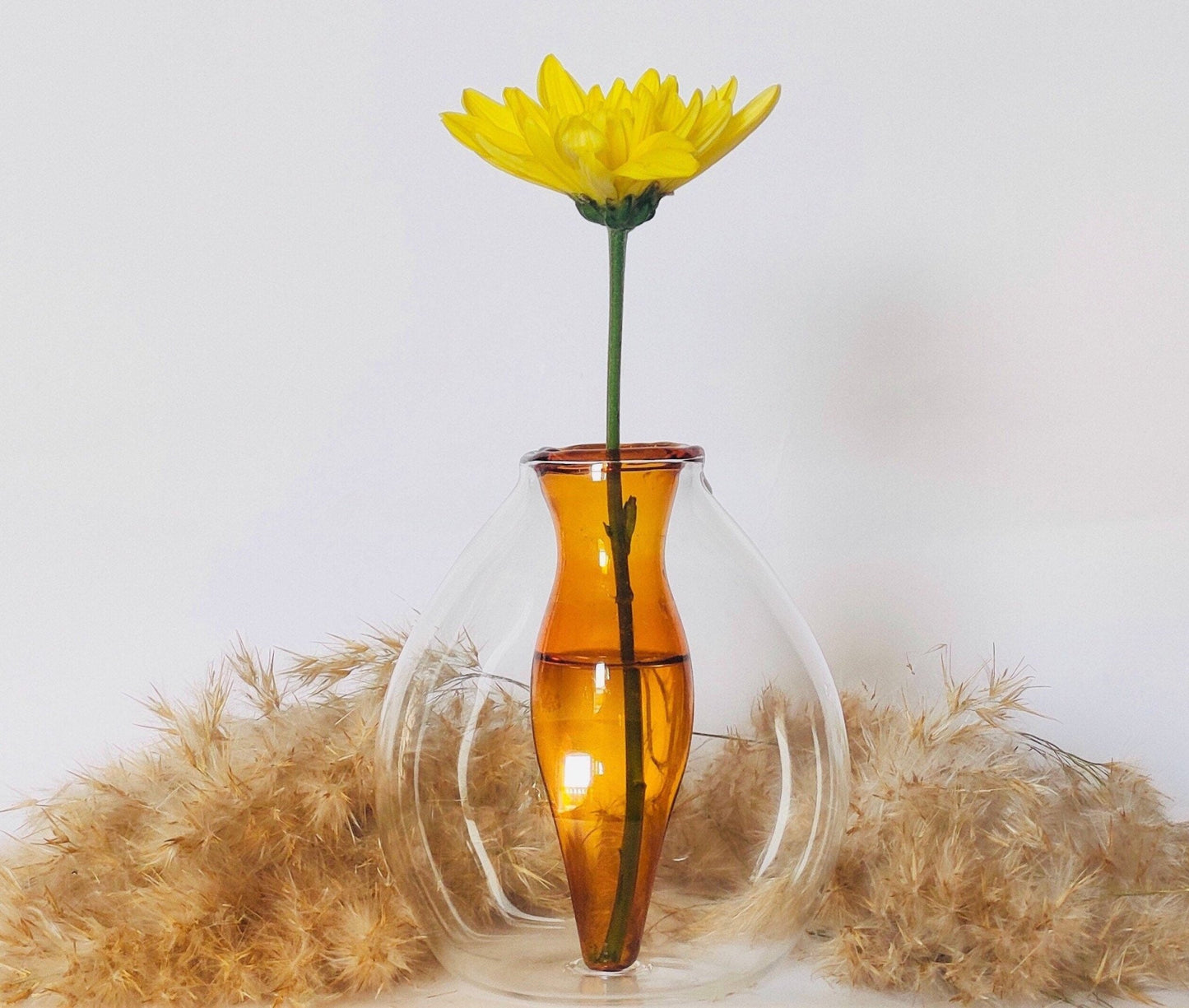 Handcrafted Dual-Layer Glass Vase – Amber and Clear Artistic Flower Display