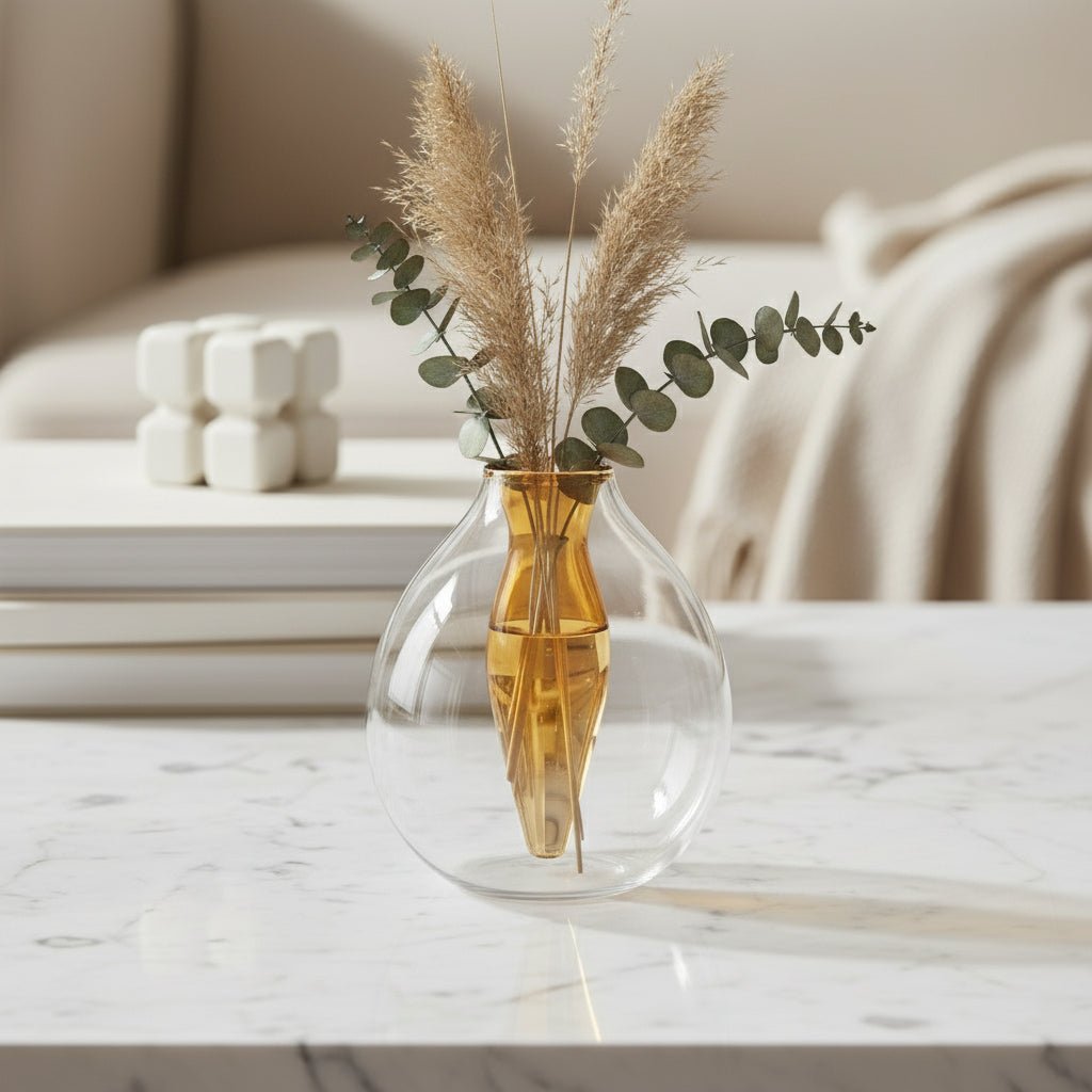 Handcrafted Dual-Layer Glass Vase – Amber and Clear Artistic Flower Display