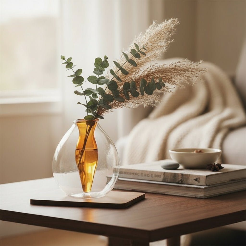 Handcrafted Dual-Layer Glass Vase – Amber and Clear Artistic Flower Display