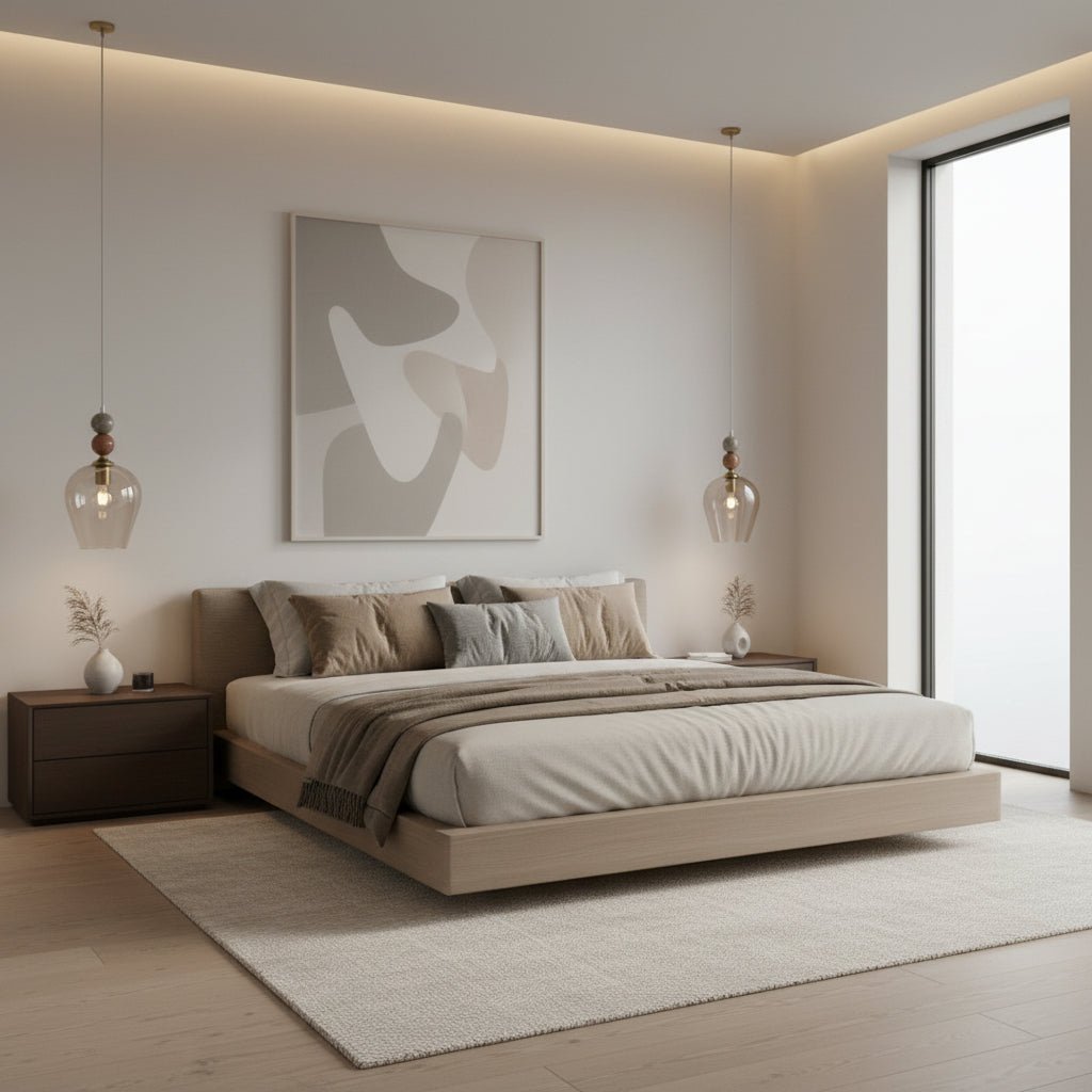 Modern pendant light with glass shade and marble accents in a living room setting | Les Trois Pyramides