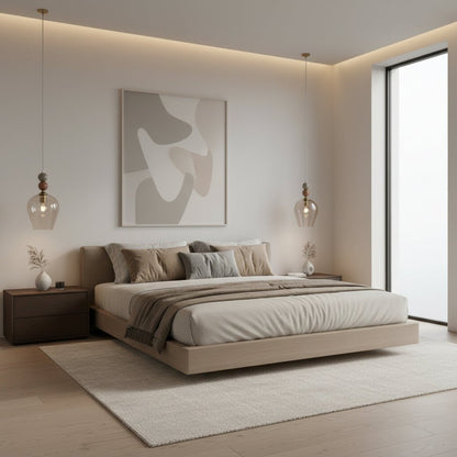 Modern pendant light with glass shade and marble accents in a living room setting | Les Trois Pyramides