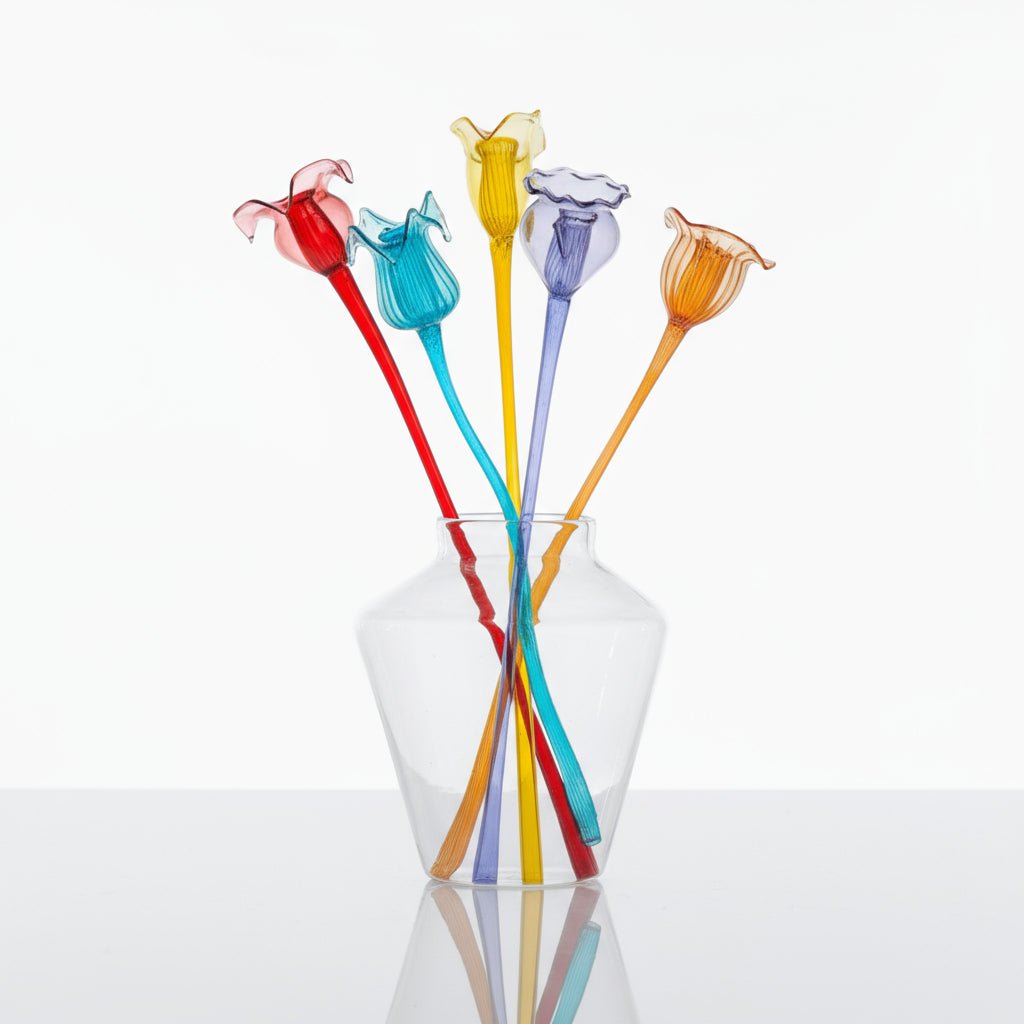 Handcrafted Glass Vase with Colorful Glass Flowers – Unique Floral Art Display