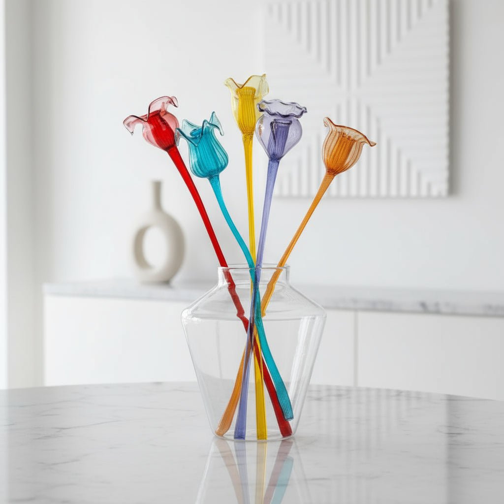 Handcrafted Glass Vase with Colorful Glass Flowers – Unique Floral Art Display