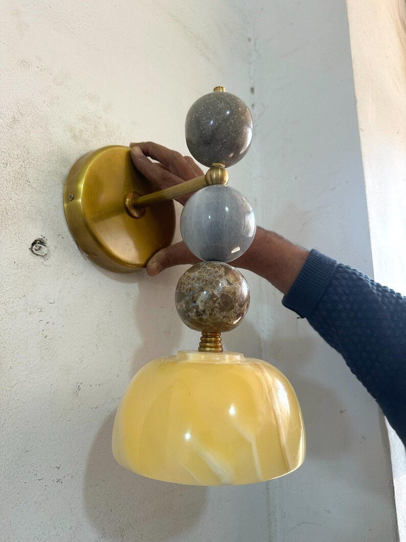 Handcrafted Marble & Brass Light Fixture, Modern Geometric Wall Decor | Custom Marble