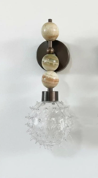 Handcrafted Onyx Stone Wall Sconce with Textured Bubble Glass – Dark Bronze Finish