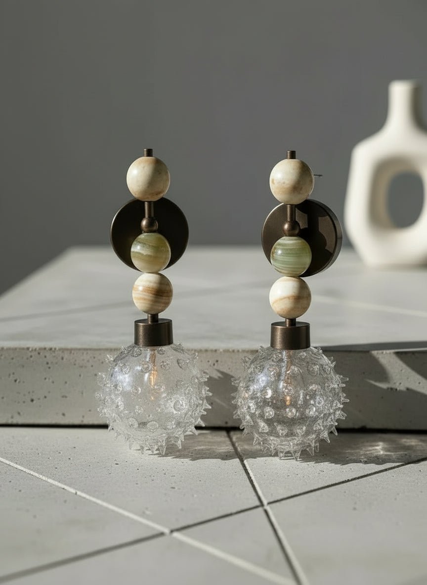 Handcrafted Onyx Stone Wall Sconce with Textured Bubble Glass – Dark Bronze Finish