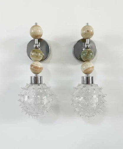 Handcrafted Onyx Stone Wall Sconce with Textured Bubble Glass – Dark Bronze Finish