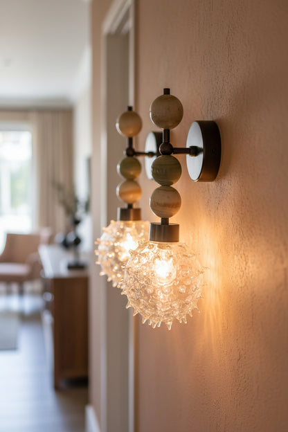 Handcrafted Onyx Stone Wall Sconce with Textured Bubble Glass – Dark Bronze Finish - Les Trois Pyramides