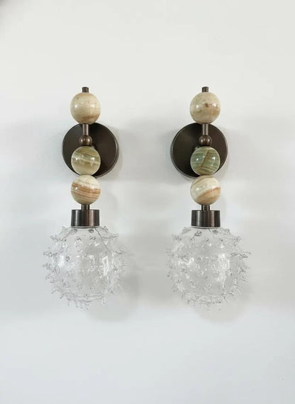 Handcrafted Onyx Stone Wall Sconce with Textured Bubble Glass – Dark Bronze Finish