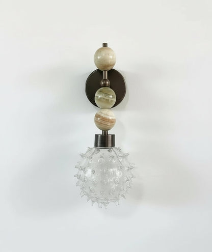 Handcrafted Onyx Stone Wall Sconce with Textured Bubble Glass – Dark Bronze Finish