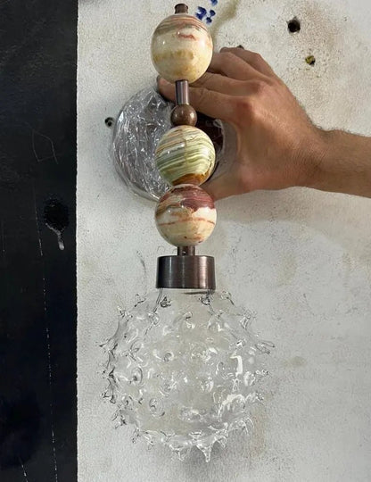 Handcrafted Onyx Stone Wall Sconce with Textured Bubble Glass – Dark Bronze Finish