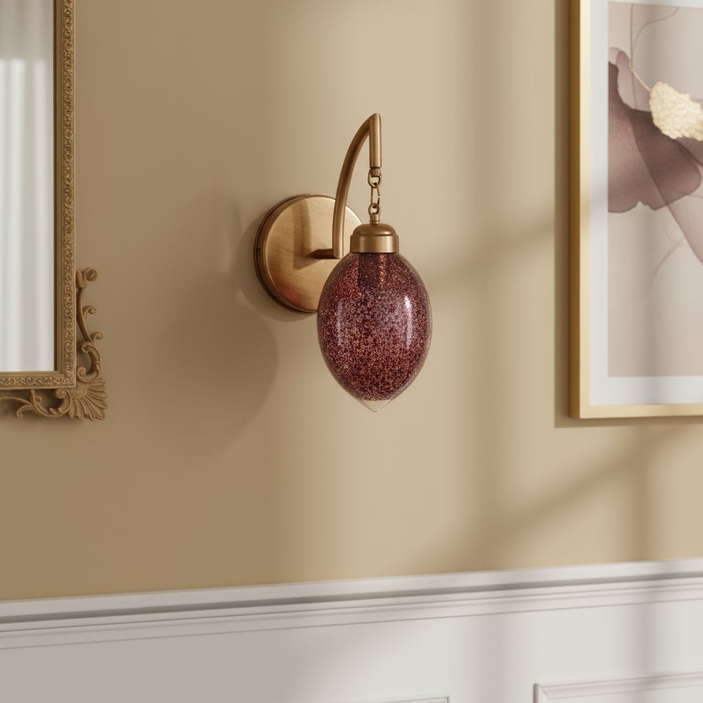 Handcrafted Red Crackled Glass and Brass Wall Sconce – Vintage Wall Light for Bedroom and Hallway