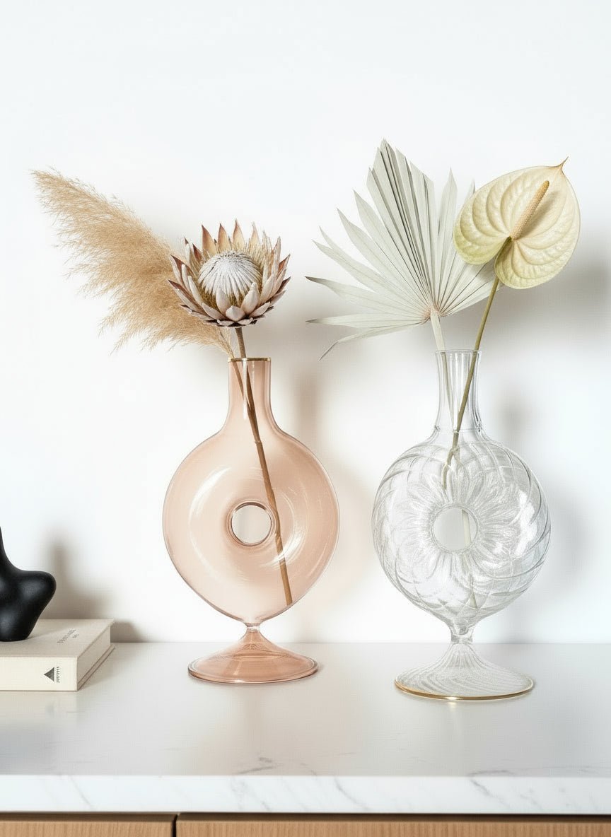 Handcrafted Soft Orange and Clear Ribbed Glass Vases – Elegant Translucent Home Decor