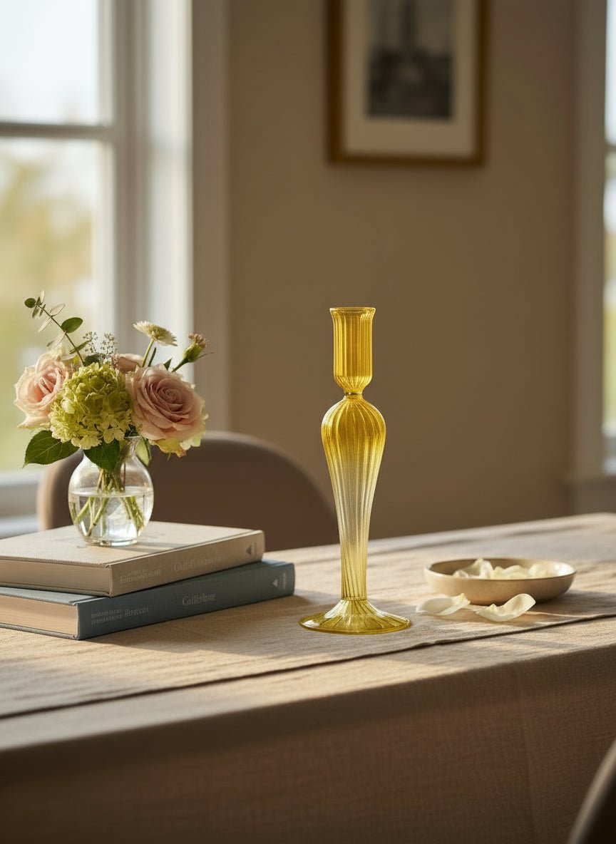 Handcrafted Yellow Ribbed Glass Candle Holder – Elegant Home Accent