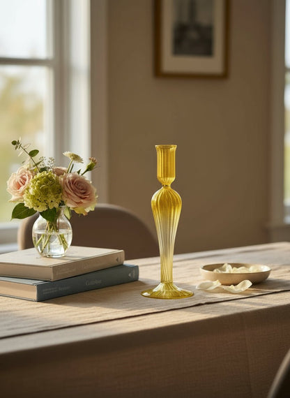 Handcrafted Yellow Ribbed Glass Candle Holder – Elegant Home Accent