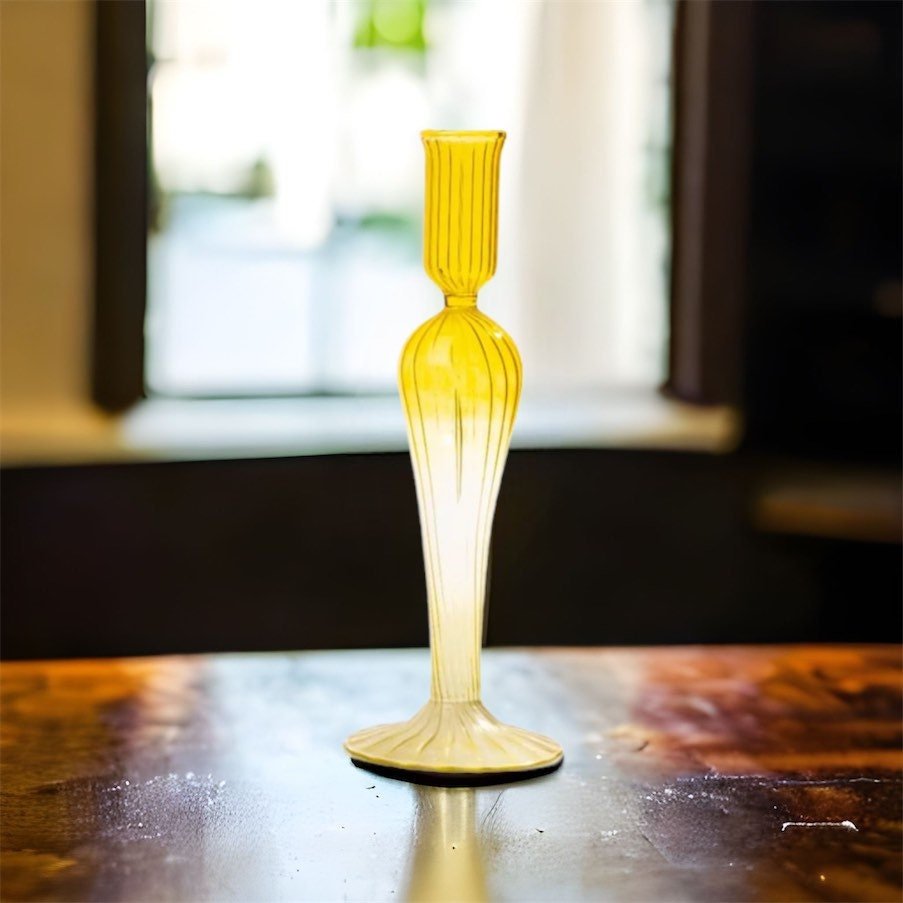 Handcrafted Yellow Ribbed Glass Candle Holder – Elegant Home Accent | Les Trois Pyramide