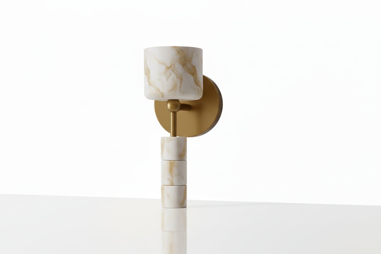 Front view of handmade alabaster wall sconce with solid brass wall plate and stone shade
