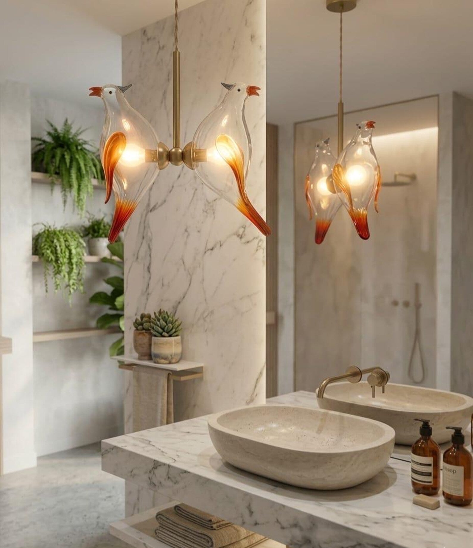 Handmade Birds Twin Hanging lamp for bathroom | Les Trois Pyramides.