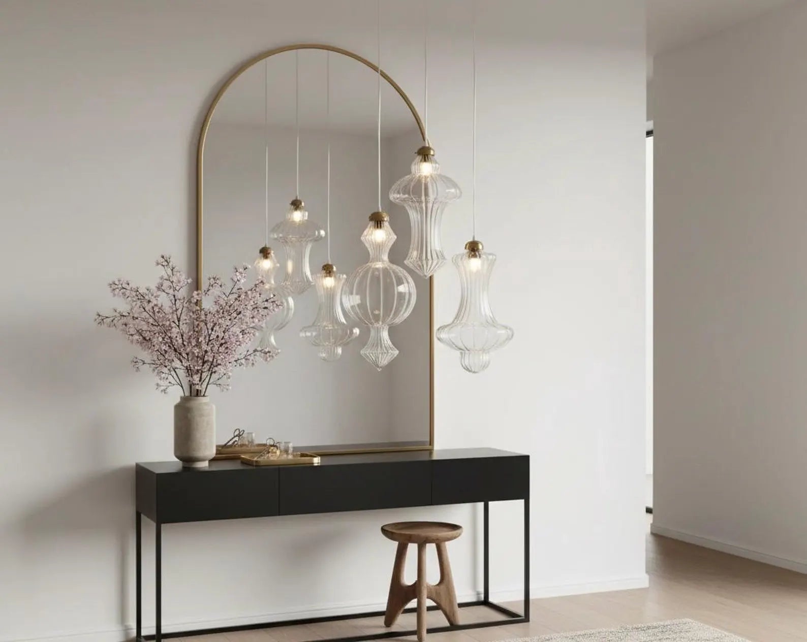 Blown Glass and Brass Light Fixture - Les Trois Pyramides