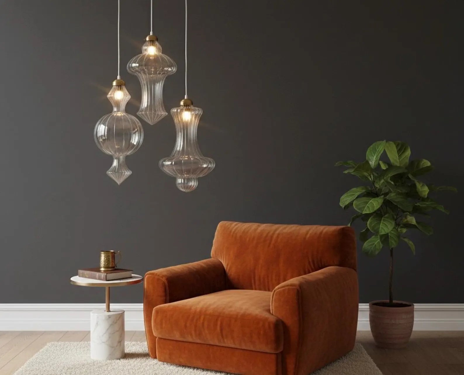 Blown Glass and Brass Light Fixture - Les Trois Pyramides