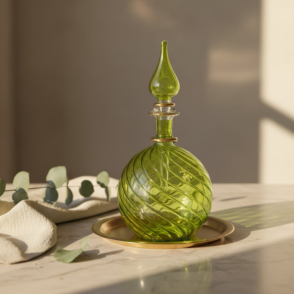 Handmade Blown Glass Perfume Bottle – Olive Green Ribbed Design