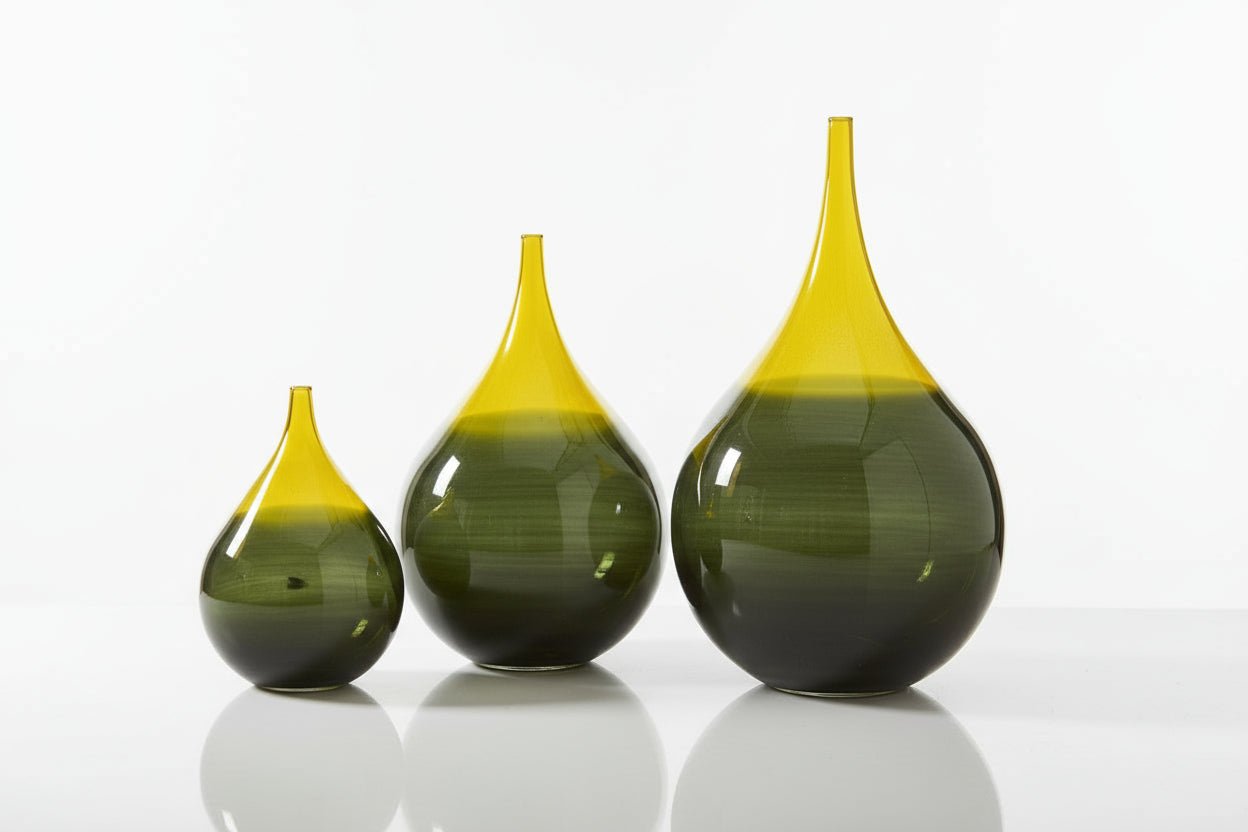 Handmade Blown Glass Vase Set – Yellow & Shaded Black Teardrop Vases (Set of 3)