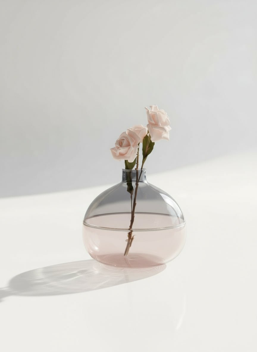 Handmade Blown Glass Vase – Shaded Grey & Blush Pink Round Design