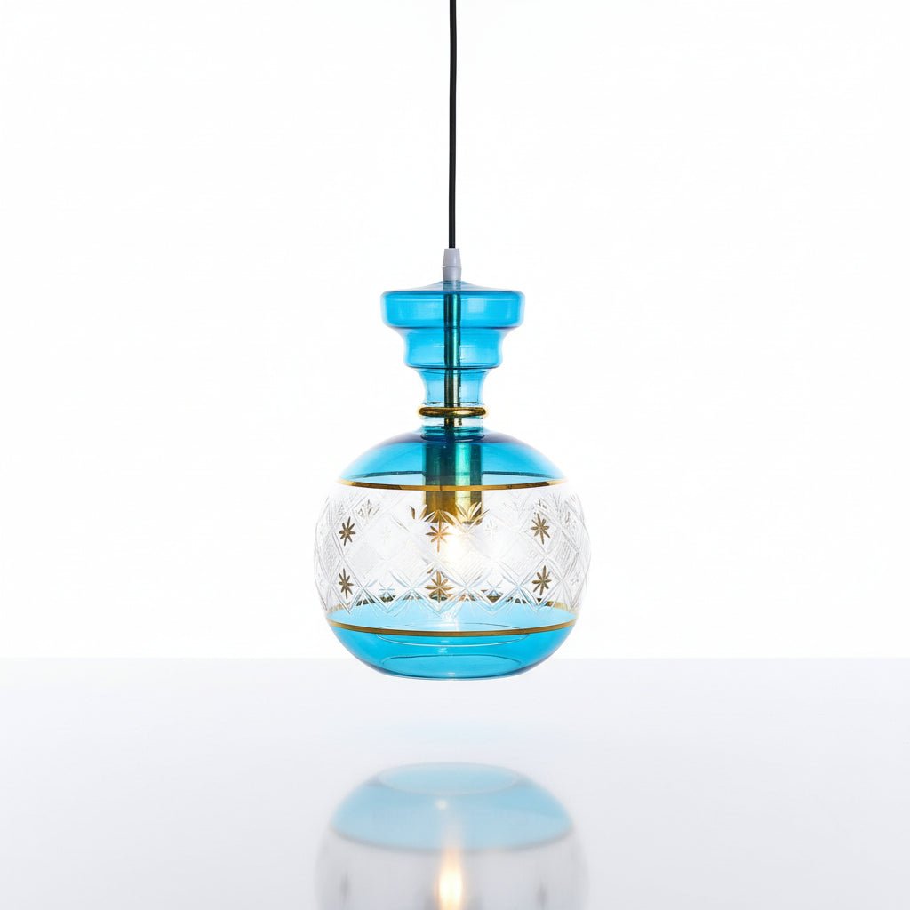Handmade Blue & Gold Blown Glass Pendant Light – Moroccan-Inspired Lighting