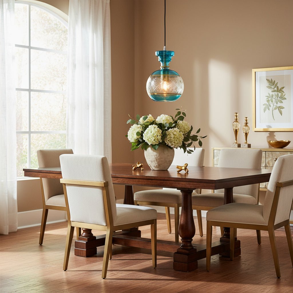 Blue glass pendant light with gold accents | Les Trois Pyramides