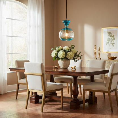 Blue glass pendant light with gold accents | Les Trois Pyramides