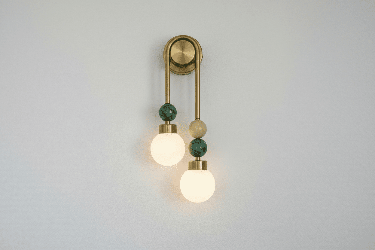 Handmade Brass Double Wall Light with Stone Details | Modern Glass Wall Sconce