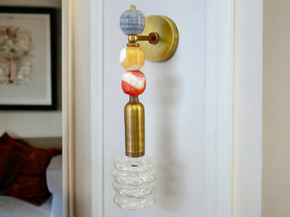 Handmade Brass finish sconce lighting with Marble Gemstones and Unique Blown Glass Art