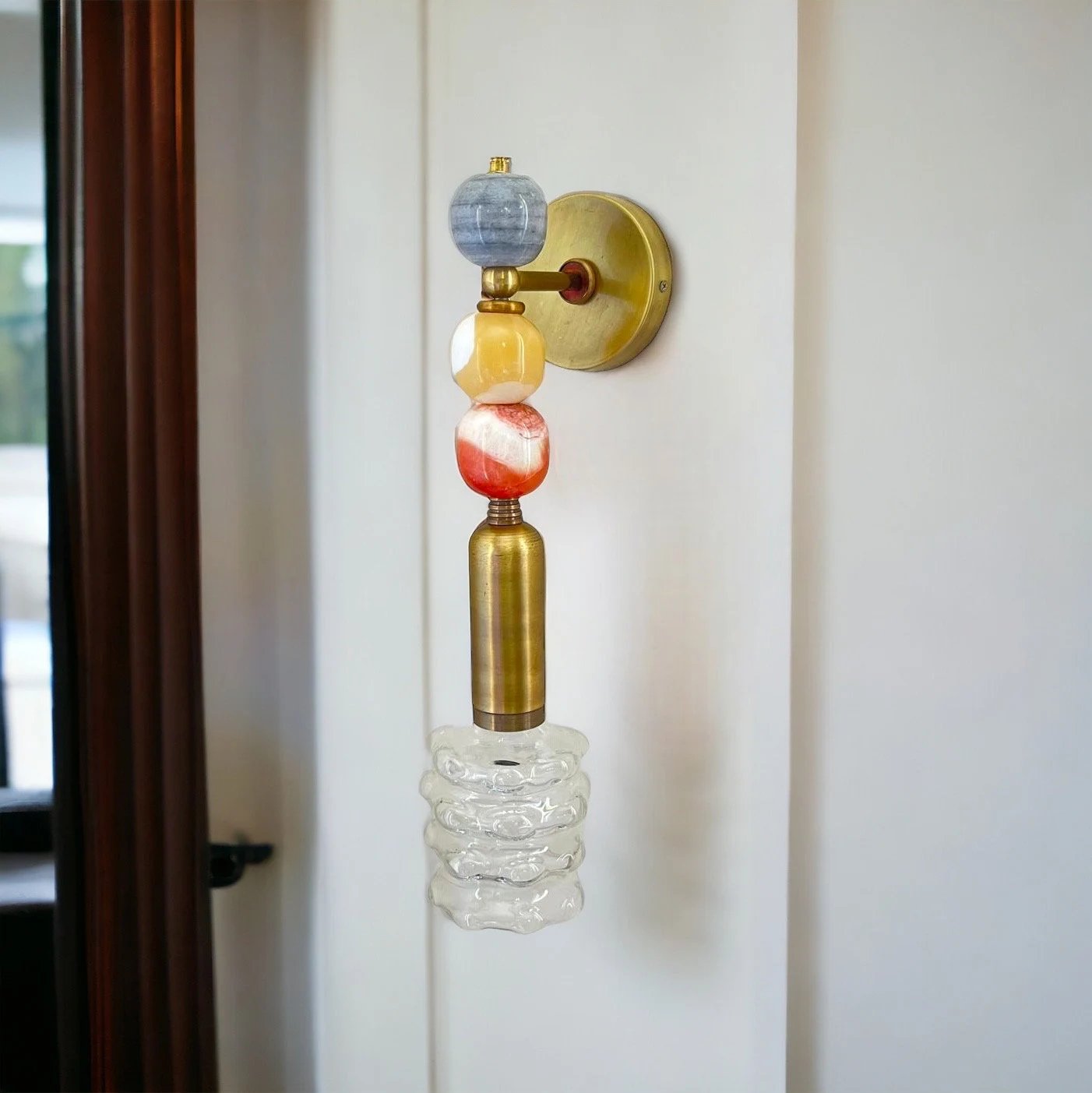 Handmade Brass finish sconce lighting with Marble Gemstones and Unique Blown Glass Art