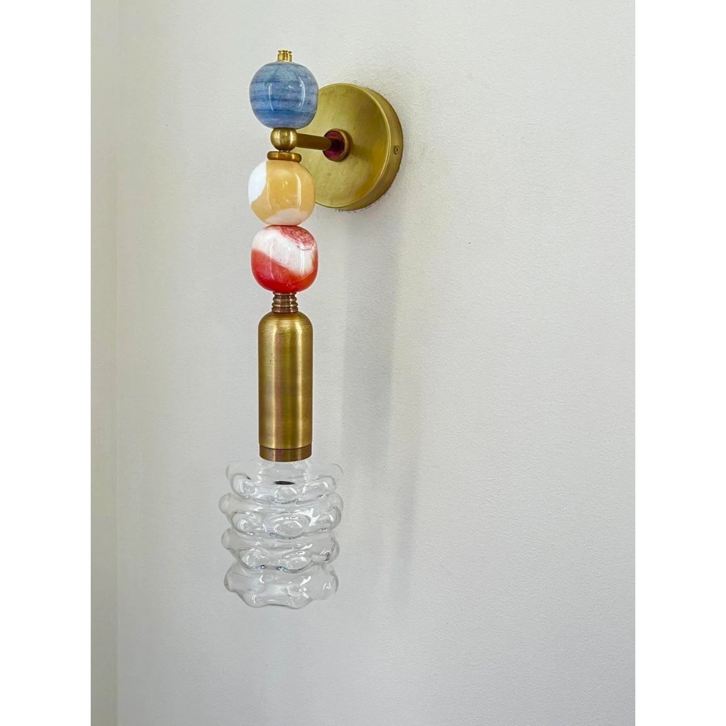 Handmade Brass finish sconce lighting with Marble Gemstones and Unique Blown Glass Art