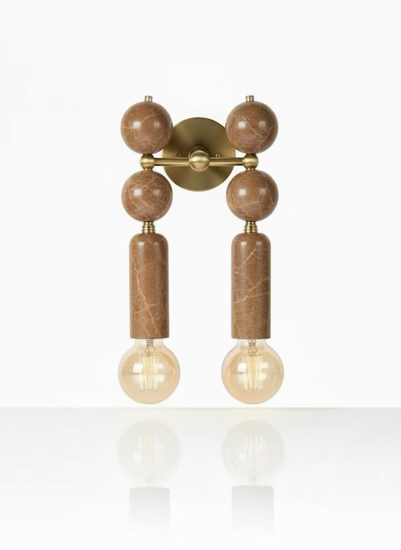 Handmade Brass Wall Sconce with Double Light and Natural Marble Gemstones